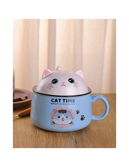 Tazón de Ramen Gatito WHJY 1021 ml Azul con Tapa