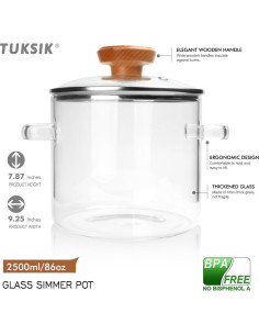 Olla de Simmer TUKSIK 2.7Qt Vidrio Borosilicato con Vaporera 2