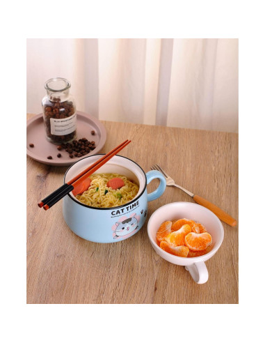 Tazón de Ramen Gatito WHJY 1021 ml Azul con Tapa