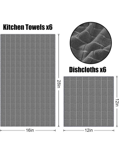 Juego de Toallas de Cocina Homaxy 12 Paquete Microfibra Gris