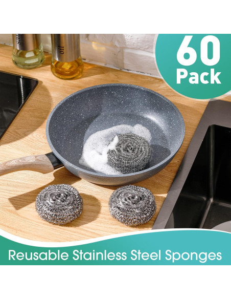 60 Estropajos de Acero Inoxidable Roshtia 30g Redondos