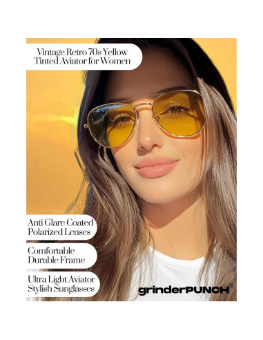 Gafas de Sol Unisex Aviador grinderPUNCH - Marco Dorado y Lentes Amarillas UV400