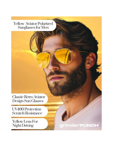 Gafas de Sol Unisex Aviador grinderPUNCH - Marco Dorado y Lentes Amarillas UV400