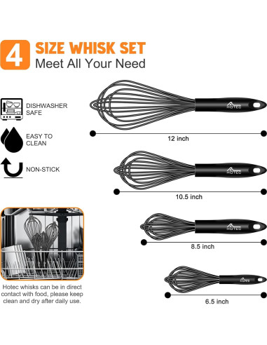 Juego de 4 batidores de silicona HOTEC, 30-12 cm, negro