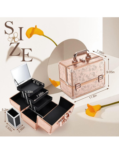 Estuche de Maquillaje FRENESSA Rosa Dorado 30x25x17cm con Espejo