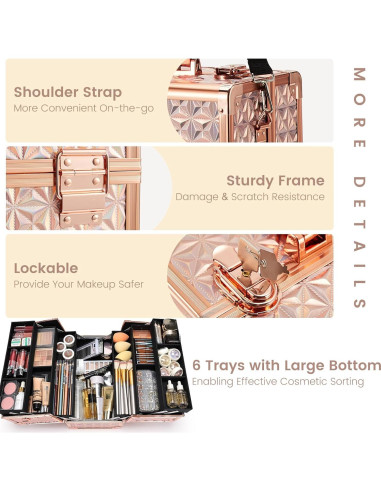 Estuche de Maquillaje Extra Grande Frenessa Rosa Dorado 32 cm