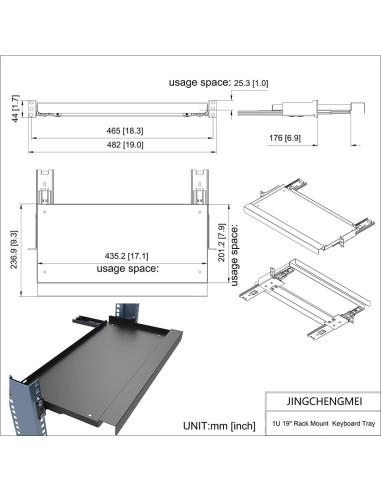 Bandeja para Teclado 1U Jingcheng 20,32 cm Deslizante Rack