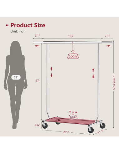 Perchero Rodante Tajsoon Cromo Ajustable 350 lbs Plegable