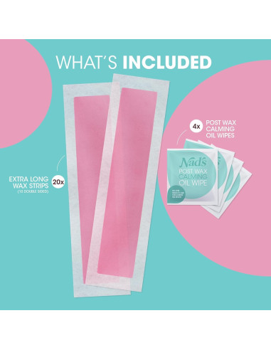 Cintas de Cera Extra Largas Nad's - Kit 20 Cintas + 4 Toallitas