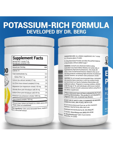 Polvo de Electrolitos Dr. Berg 1000 mg Potasio Frambuesa Limón
