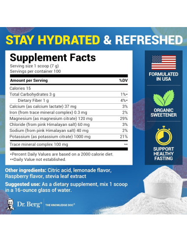 Polvo de Electrolitos Dr. Berg 1000 mg Potasio Frambuesa Limón