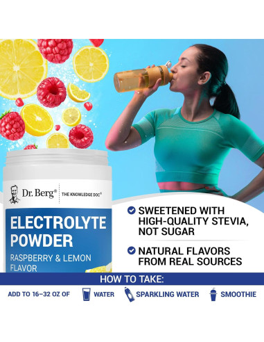 Polvo de Electrolitos Dr. Berg 1000 mg Potasio Frambuesa Limón