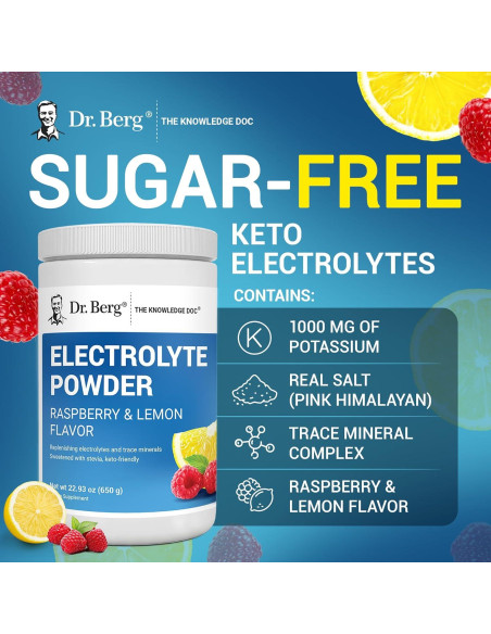Polvo de Electrolitos Dr. Berg 1000 mg Potasio Frambuesa Limón