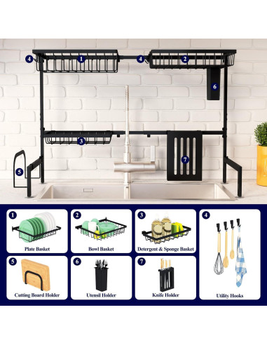 Estante de Secado de Platos Kitsure Negro Ajustable 76-86 cm