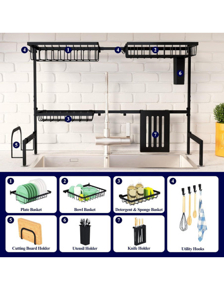 Estante de Secado de Platos Kitsure Negro Ajustable 76-86 cm