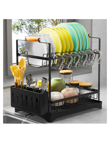 Escurridor de Platos 2 Niveles PXYHMUS Negro Acero Inoxidable