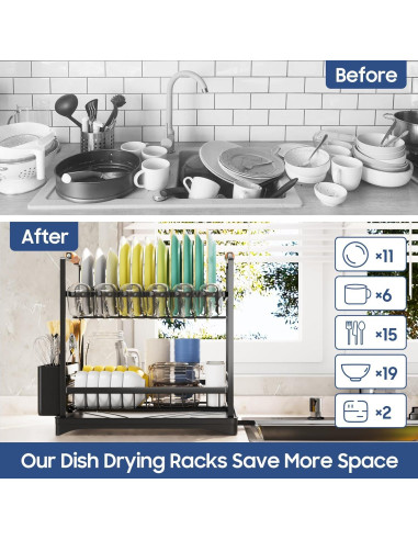 Escurridor de Platos 2 Niveles PXYHMUS Negro Acero Inoxidable