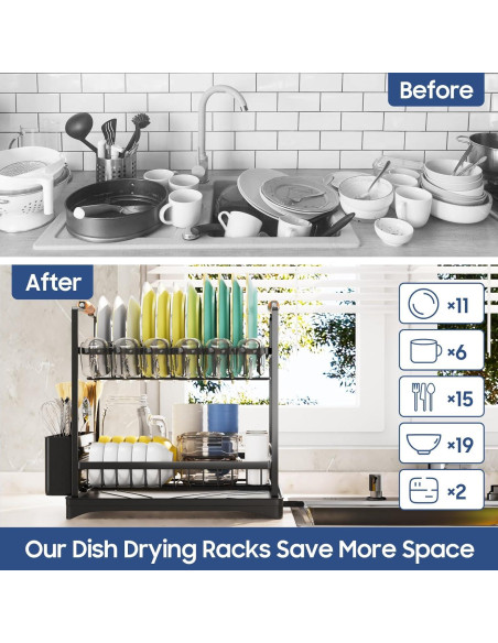 Escurridor de Platos 2 Niveles PXYHMUS Negro Acero Inoxidable