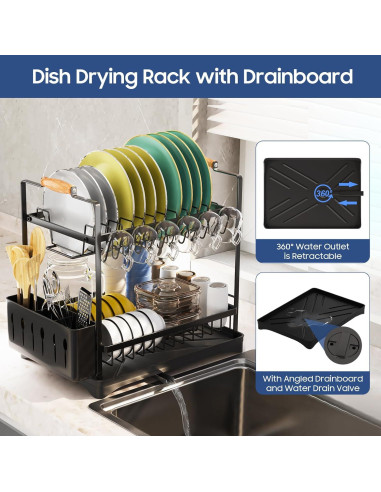 Escurridor de Platos 2 Niveles PXYHMUS Negro Acero Inoxidable