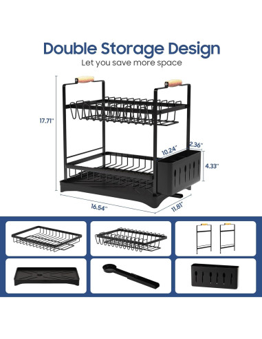 Escurridor de Platos 2 Niveles PXYHMUS Negro Acero Inoxidable