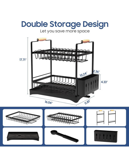Escurridor de Platos 2 Niveles PXYHMUS Negro Acero Inoxidable