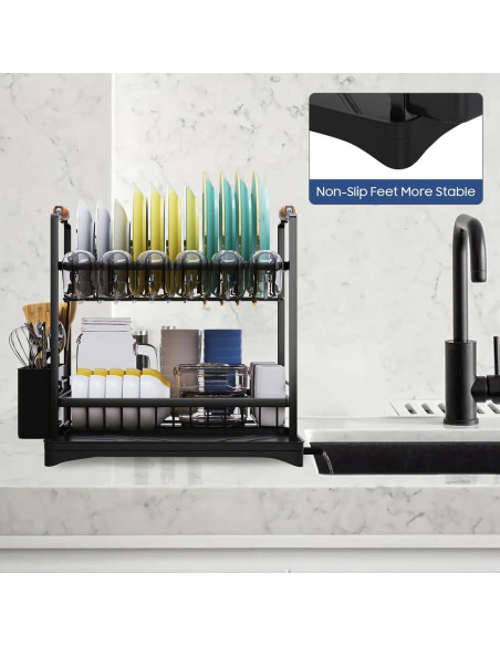 Escurridor de Platos 2 Niveles PXYHMUS Negro Acero Inoxidable