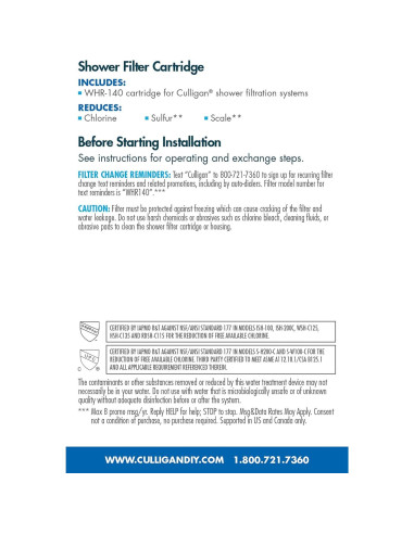 Filtro de Ducha Culligan WHR-140 Reemplazo 1 Cuenta