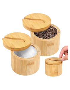 Caja de Sal de Bambú 2 Piezas con Tapa Giratoria y Cuchara