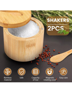 Caja de Sal de Bambú 2 Piezas con Tapa Giratoria y Cuchara 2