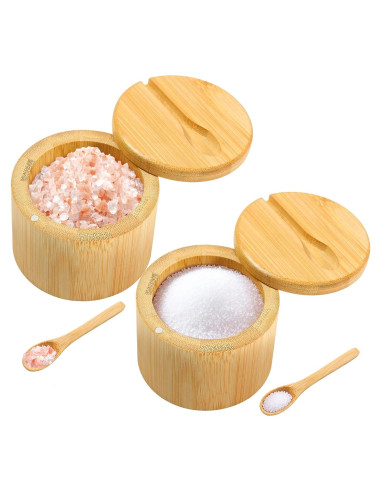 2 Piezas Caja de Sal de Bambú Wideotng con Tapa Giratoria