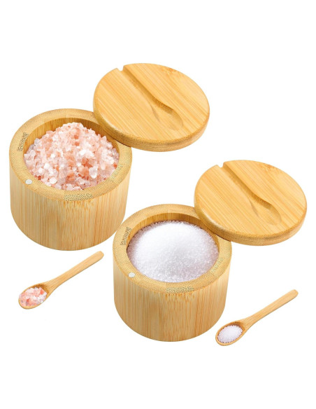 2 Piezas Caja de Sal de Bambú Wideotng con Tapa Giratoria