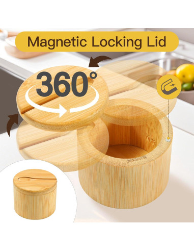 2 Piezas Caja de Sal de Bambú Wideotng con Tapa Giratoria