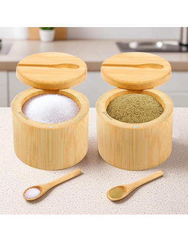 2 Piezas Caja de Sal de Bambú Wideotng con Tapa Giratoria