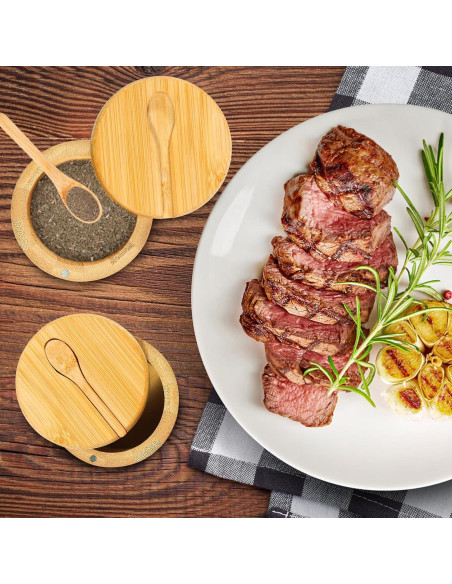 2 Piezas Caja de Sal de Bambú Wideotng con Tapa Giratoria