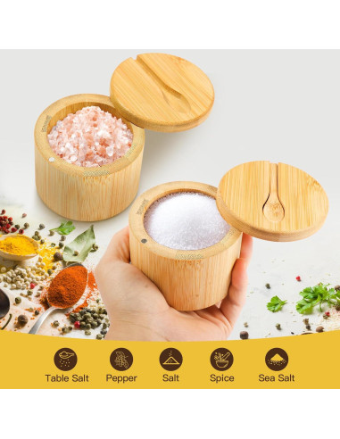 2 Piezas Caja de Sal de Bambú Wideotng con Tapa Giratoria