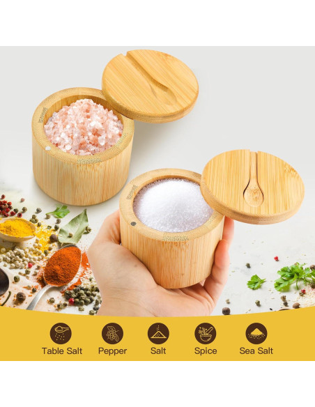 2 Piezas Caja de Sal de Bambú Wideotng con Tapa Giratoria