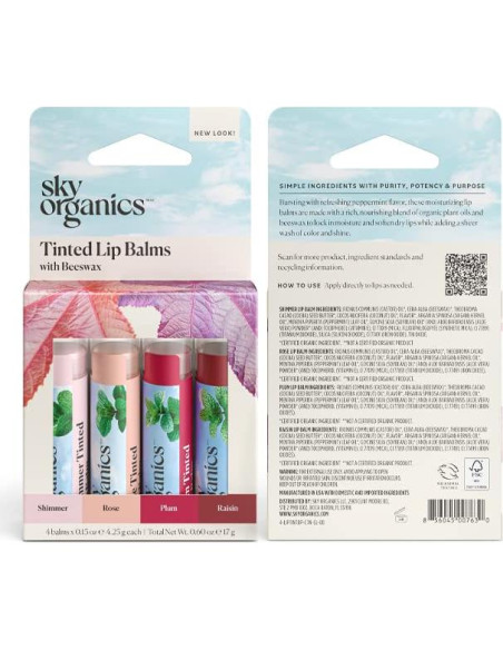 Balsamos Labiales Tinteados Sky Organics 4 Sabores 17g