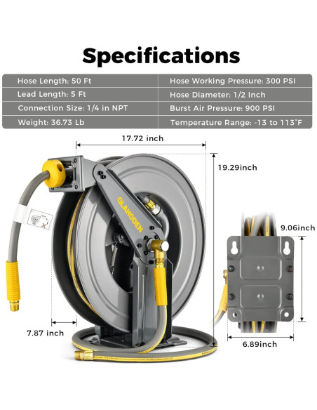 Carrete de Manguera de Aire GLAHODEN 50FT 1/2" Retráctil