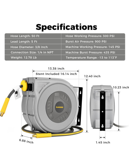 Carrete de Manguera de Aire GLAHODEN 3/8" x 15,24 m 300 PSI