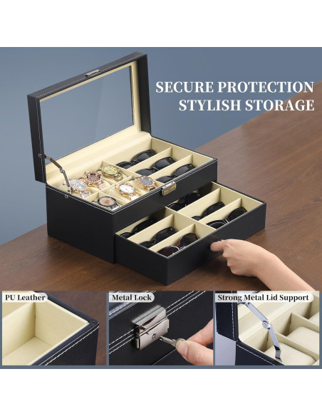 Caja de Relojes y Gafas AUTOARK 15 Compartimentos Negro