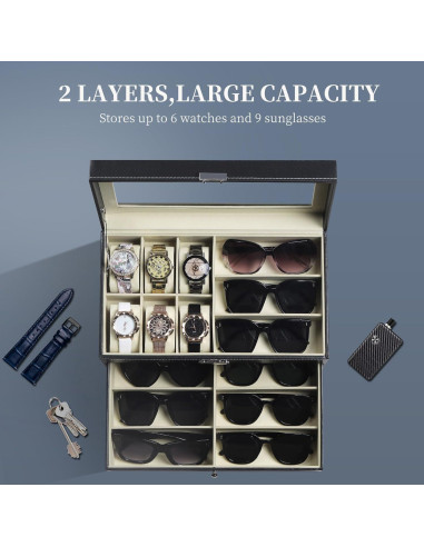 Caja de Relojes y Gafas AUTOARK 15 Compartimentos Negro