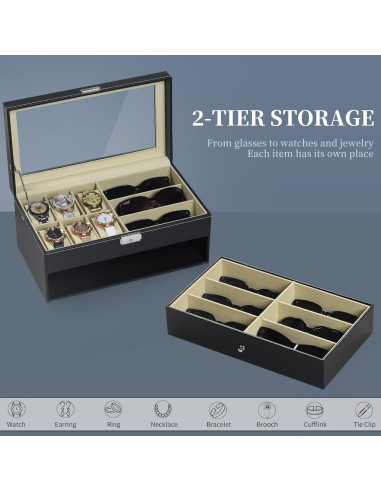 Caja de Relojes y Gafas AUTOARK 15 Compartimentos Negro