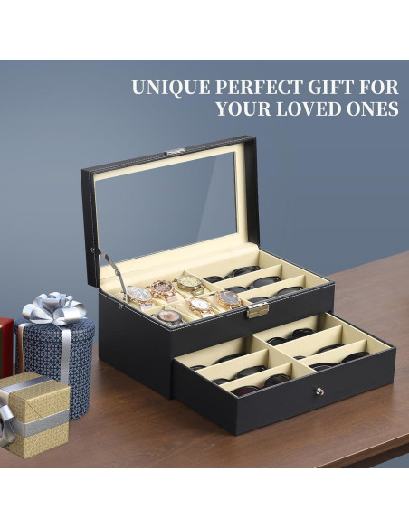 Caja de Relojes y Gafas AUTOARK 15 Compartimentos Negro