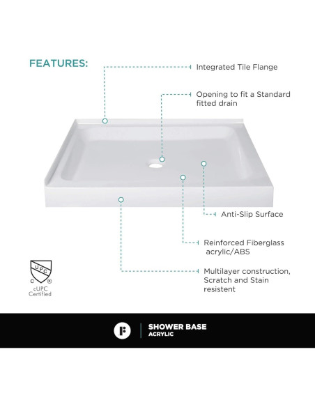 Base de Ducha Acrílica Doble Umbral 106x76 cm Antideslizante