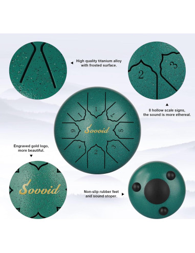 Tambor de Lengua de Acero Sovvid 15 cm 8 Notas Verde Malachita