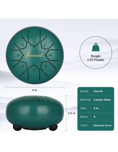Tambor de Lengua de Acero Sovvid 15 cm 8 Notas Verde Malachita