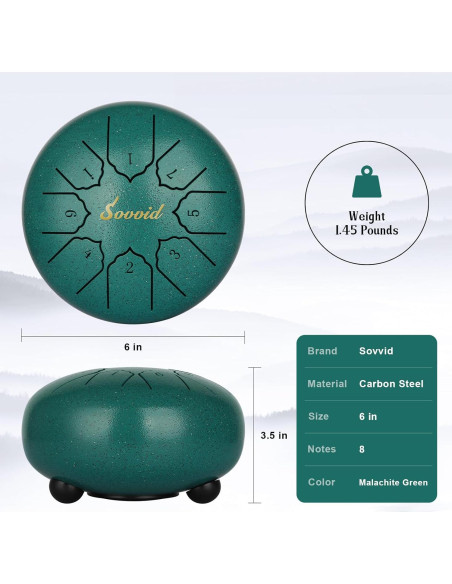 Tambor de Lengua de Acero Sovvid 15 cm 8 Notas Verde Malachita