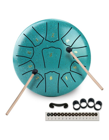 Tambor de Lengua de Acero 11 Notas 15 cm Verde con Accesorios