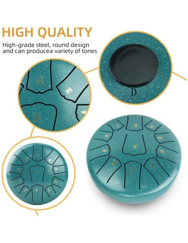 Tambor de Lengua de Acero 11 Notas 15 cm Verde con Accesorios