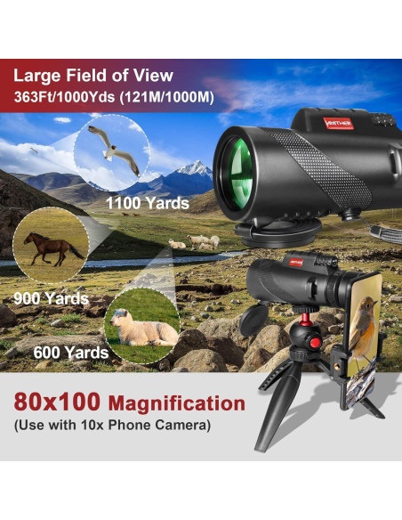 Telescopio Monocular AMITHER 80x100 con Trípode y Adaptador